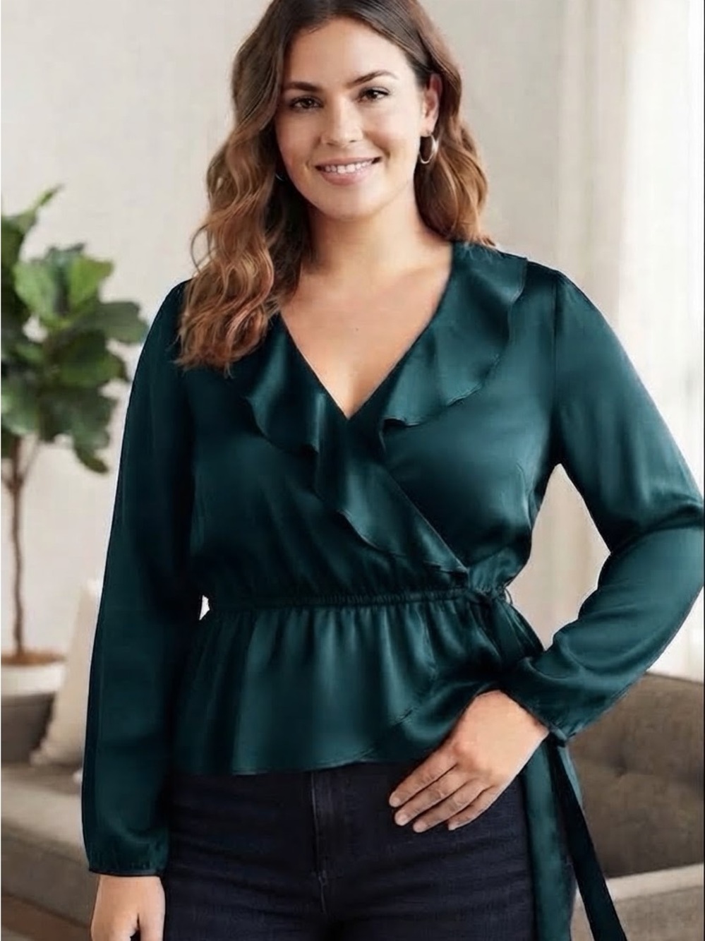 Satin Wrap Peplum Blouse - Tealish blue